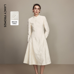 设计感珍珠扣连衣裙2026年春季 朗姿立领提花新中式 新款 兰亭叙
