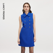 新款 收腰连衣裙优雅通勤中长裙2026年夏季 修身 朗姿翻领双排扣无袖