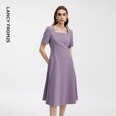 新款 朗姿方领收腰气质A摆短袖 连衣裙简约通勤风中长裙2026年夏季