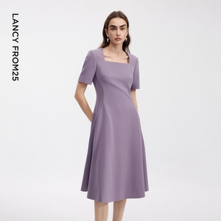 新款 朗姿方领收腰气质A摆短袖 连衣裙简约通勤风中长裙2026年夏季