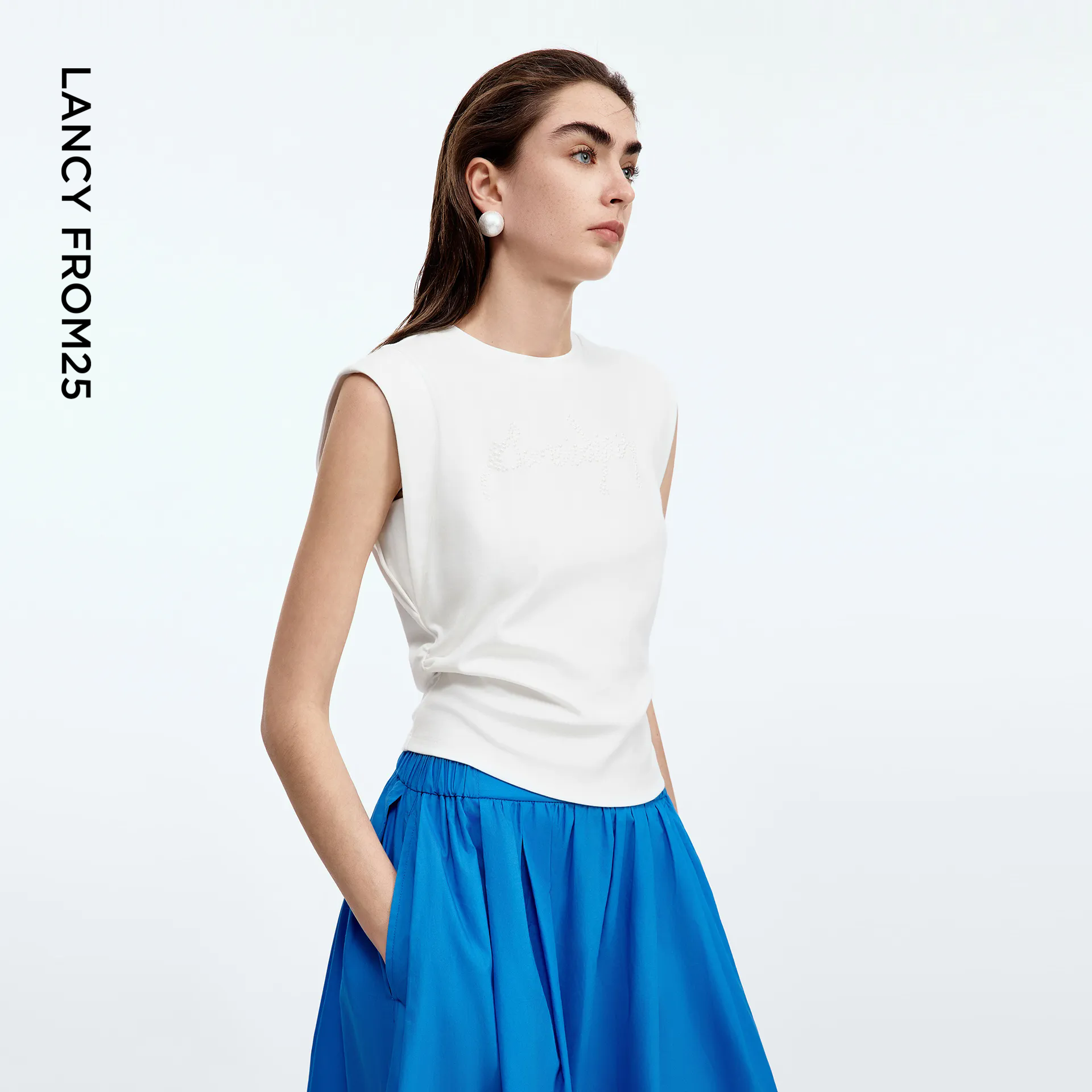 朗姿纯棉圆领显瘦小飞袖薄款上衣气质高级感2025年秋季新款T恤女