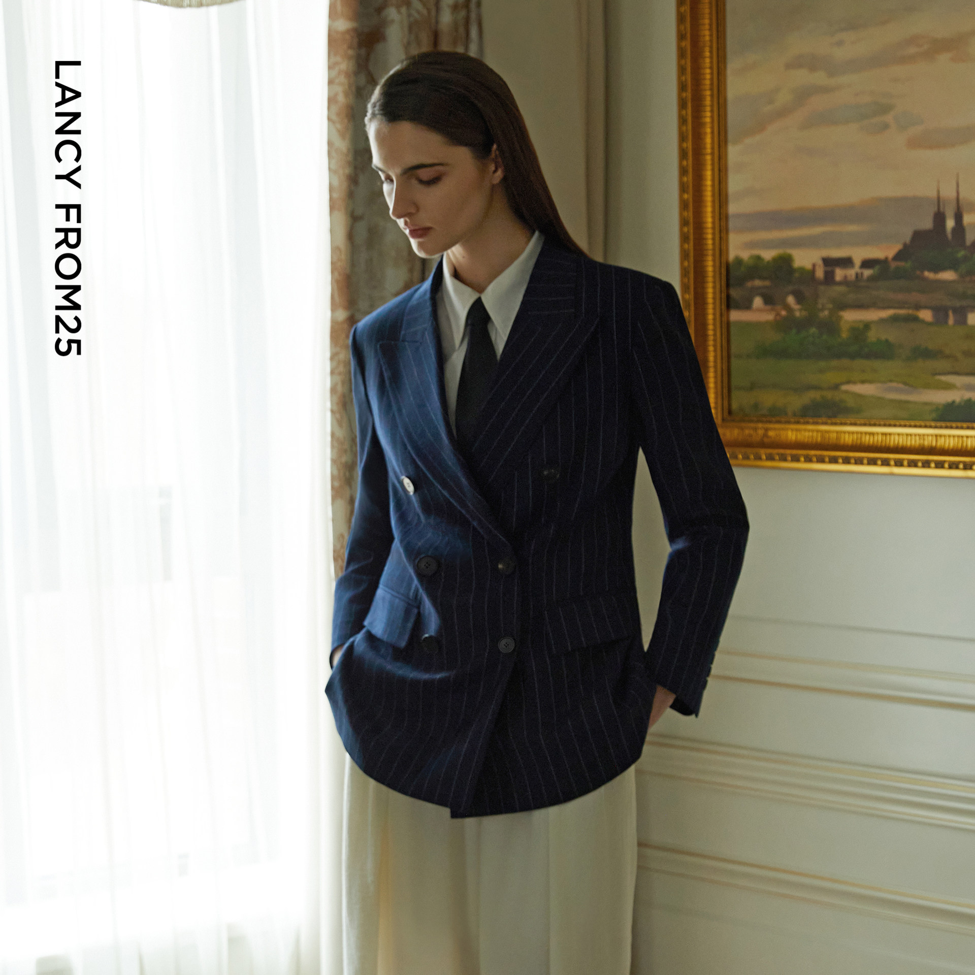 【秀场同款 王楚然同款】朗姿羊毛戗驳领条纹直筒西装老钱风西服,女装/女士精品,西装,淘宝优惠券,粉丝福利购,淘宝优惠卷