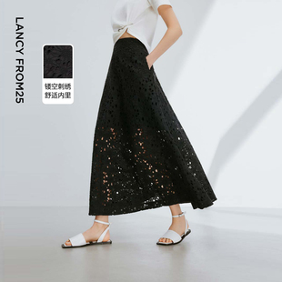新款 朗姿25纯棉设计感镂空气质黑色半身裙法式 高级感通勤裙子夏季