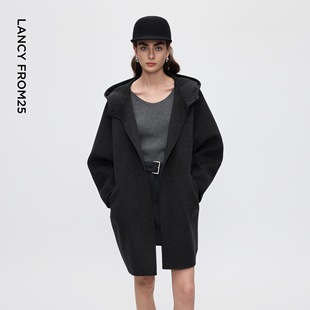 新款 朗姿羊毛宽松连帽双面呢大衣气质通勤别致时尚 外套2025年冬季