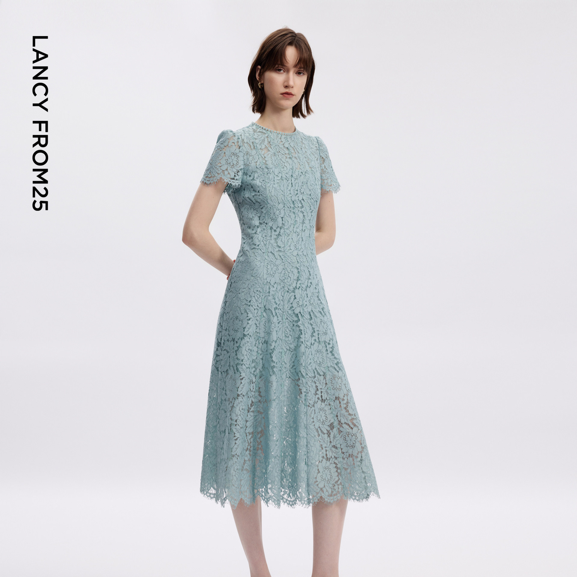 朗姿25圆领蕾丝法式浪漫短袖连衣裙气质通勤风长裙2026年夏季新款