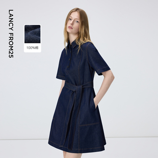 新款 连衣裙通勤风牛仔短裙2026年春季 领收腰短袖 朗姿纯棉正肩衬衫