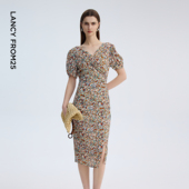 新款 朗姿25碎花裙v领收腰法式 复古风通勤夏季 连衣裙气质时尚 长款