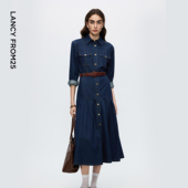 朗姿纯棉牛仔高腰a字连衣裙塔裙复古波嬉风气质2025年冬季 新款