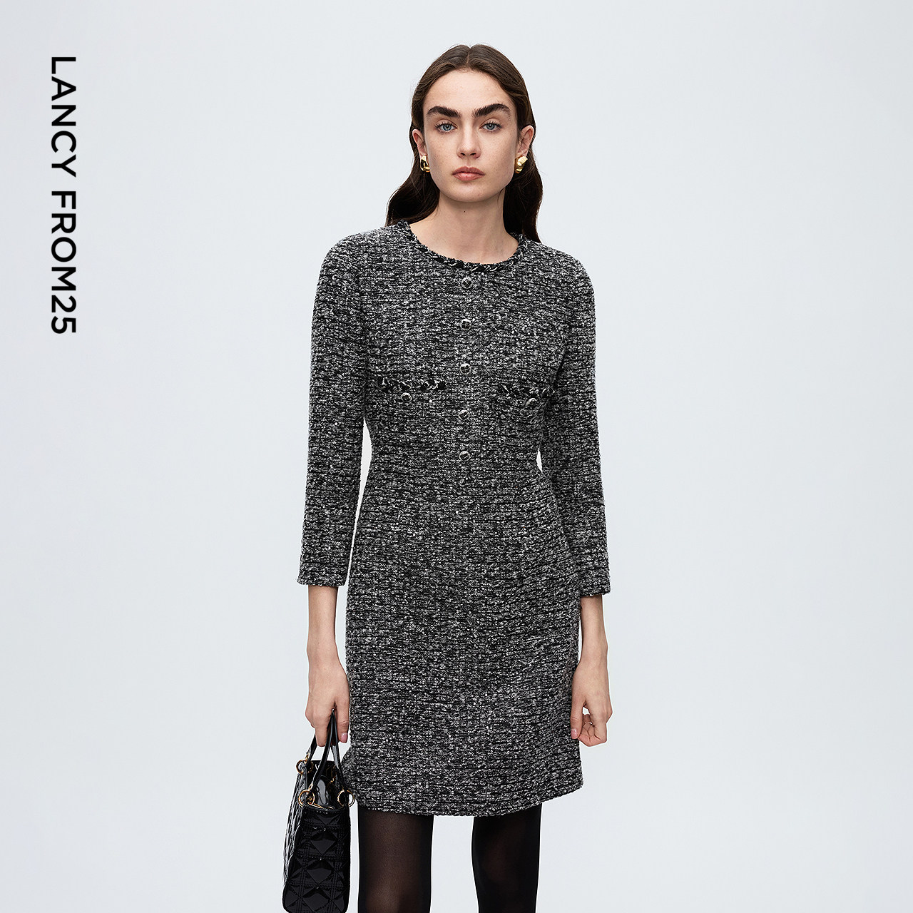 朗姿典雅小香风粗花呢圆领高级感连衣裙女礼服2025年冬季新款,女装/女士精品,连衣裙,淘宝优惠券,粉丝福利购,淘宝优惠卷