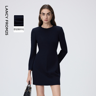 新款 朗姿圆领简约优雅收腰连衣裙正肩修身 A字裙摆裙子2026年春季