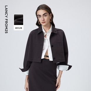 新款 上衣2026年春季 女 休闲通勤开衫 朗姿羊毛翻领设计感短外套时尚