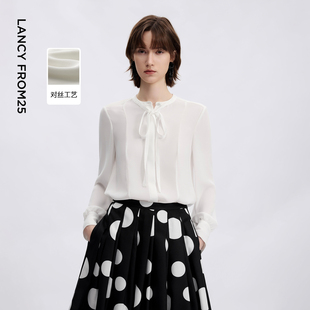 新款 优雅气质上衣女2026年春季 设计感法式 朗姿系带领雪纺对丝衬衫