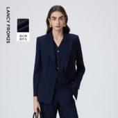 新款 2026年春季 女 西装 朗姿羊毛戗驳领双排扣条纹西服气质通勤时尚