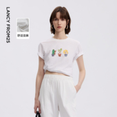 新款 上衣2026年夏季 可爱休闲短袖 朗姿25仙人掌猫咪印花白T恤时尚