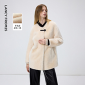 朗姿圆领皮毛一体皮草外套气质老钱风毛毛外套女2025年冬季 新款