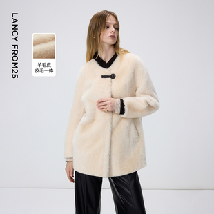 朗姿圆领皮毛一体皮草外套气质老钱风毛毛外套女2025年冬季 新款