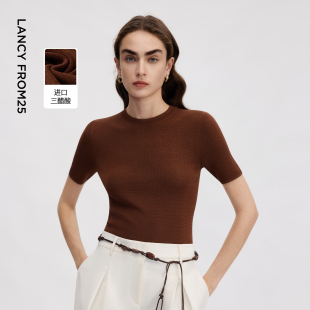 新款 朗姿25三醋酸圆领修身 气质通勤针织上衣2026年夏季 针织衫 短袖