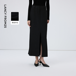 朗姿羊毛黑色气质鱼尾半身裙女开衩浪漫高腰裙2026年春季 新款