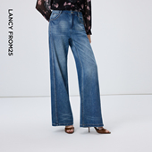 新款 女2026年春季 优雅舒适百搭通勤牛仔裤 朗姿简约气质拼接阔腿裤