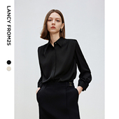 百搭秋季 时尚 捏褶翻领上衣 优雅缎面设计感通勤职业衬衫 朗姿25法式