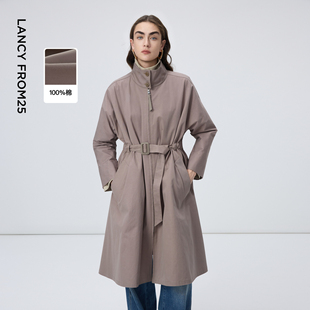 新款 朗姿纯棉收腰立领长款 风衣气质百搭通勤外套设计感2026年春季