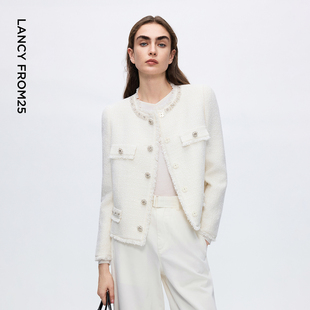 新款 朗姿法式 重工小香风外套女粗花呢羊毛钉钻毛边2025年冬季