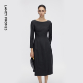 朗姿羊毛一字领收腰连衣裙简约气质通勤风中长裙女2025年冬季 新款