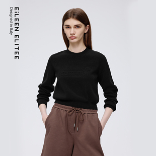 新款 朗姿黑色圆领压印长袖 ELITEE2025年冬季 女欧洲EiLEEN 针织衫