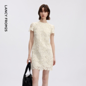 新款 连衣裙气质优雅短裙女2026年夏季 蕾丝镂空短袖 朗姿25圆领法式