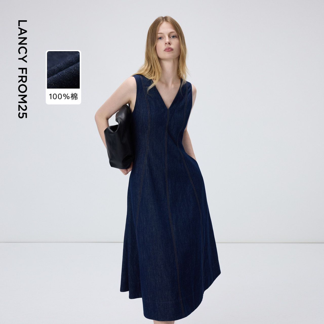朗姿纯棉V领收腰无袖牛仔连衣裙简约优雅百搭裙子2026年春季新款
