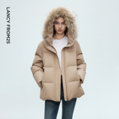 朗姿90白鹅绒貉子毛领连帽宽松羽绒服通勤百搭外套2025年冬季 新款