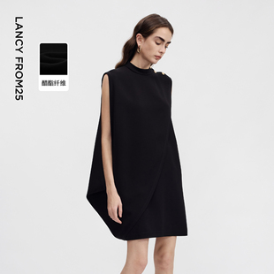 新款 朗姿25醋酸半高领直筒设计感无袖 连衣裙小黑裙2026年夏季