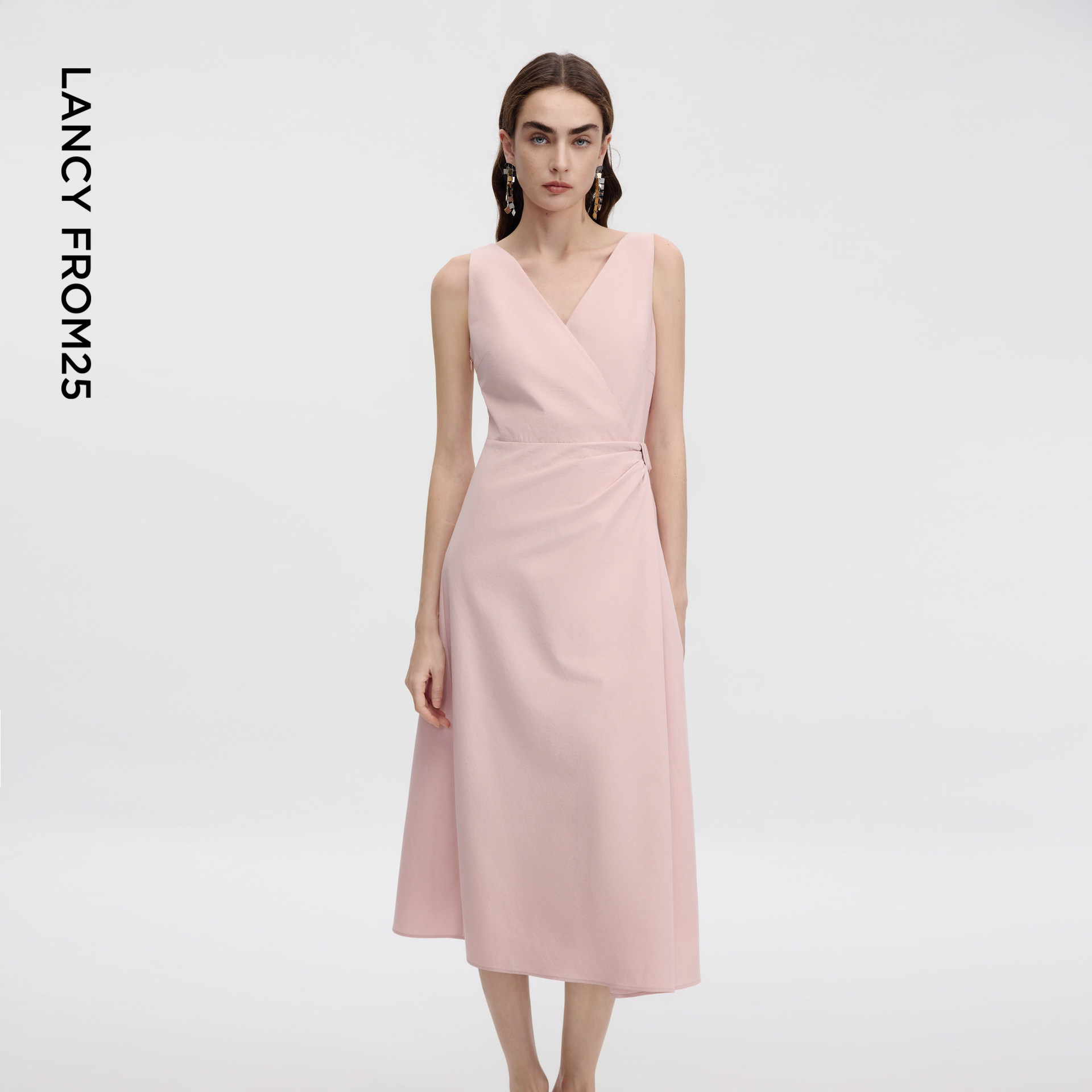 朗姿25V领收腰扭结无袖连衣裙设计感优雅通勤长裙2026年夏季新款