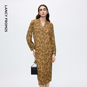 新款 复古印花连衣裙女荷叶领裙子2025年冬季 金靖同款 朗姿法式