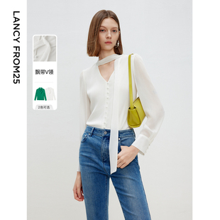 上衣2025年春新款 朗姿法式 复古高智白色v领飘带设计感雪纺衬衫