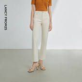 夏新款 朗姿25气质休闲白色显瘦牛仔裤 高腰直筒九分裤 明星同款