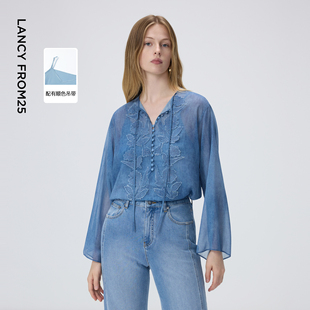 新款 圆领垂感上衣女2026年春季 贴布系带设计感衬衫 朗姿蓝色时尚