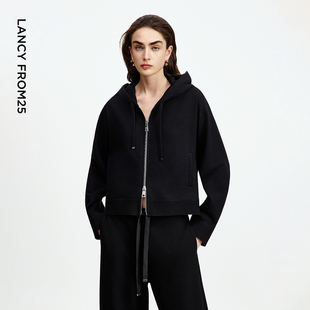 子女休闲上衣春秋新款 朗姿25设计感黑色连帽拉链卫衣外套 裤