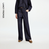 新款 朗姿高腰轻薄阔腿裤 2025年秋季 休闲通勤裤 女 复古风直筒牛仔裤