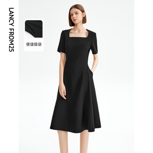 Basic衣橱 朗姿法式 复古气质方领连衣裙独特小黑裙夏新款 长裙