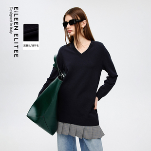 女 新款 朗姿欧洲EiLEEN ELITEE气质学院风v领针织连衣裙2025年秋季