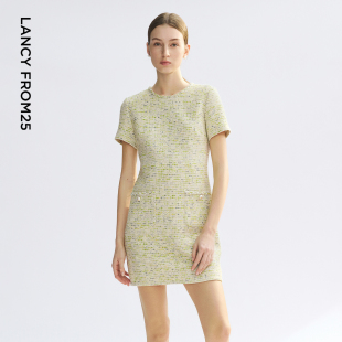新款 设计感连衣裙女夏季 短袖 朗姿25浅绿色小香风粗花呢圆领短款