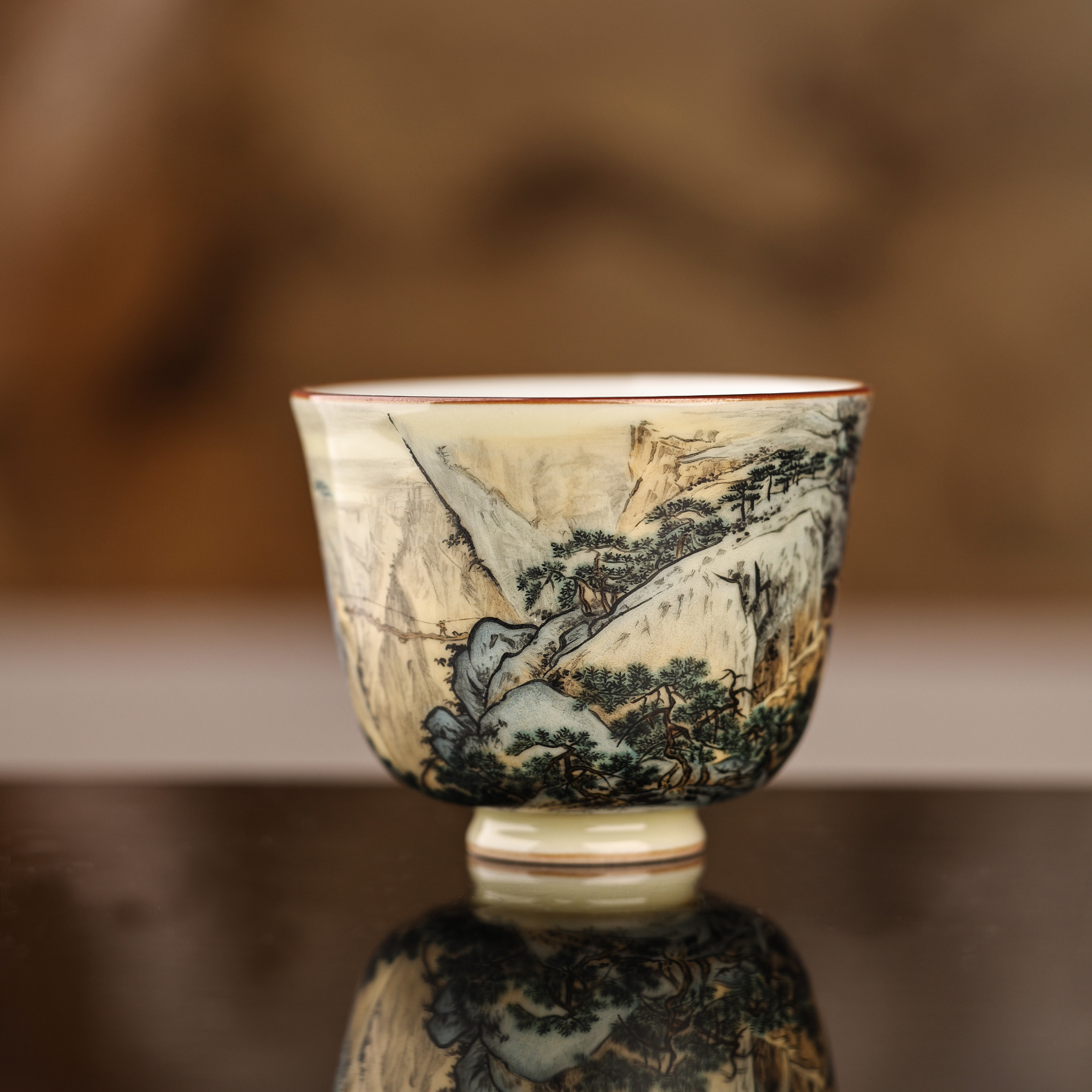 上新春山玉品 刘松山水原创手绘宣和杯釉上彩景德镇
