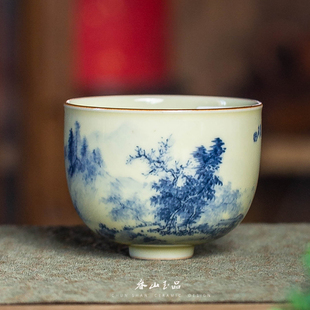 艺术家杜源手绘汝窑米黄釉山水宣和杯贡县杯功夫茶杯 春山玉品