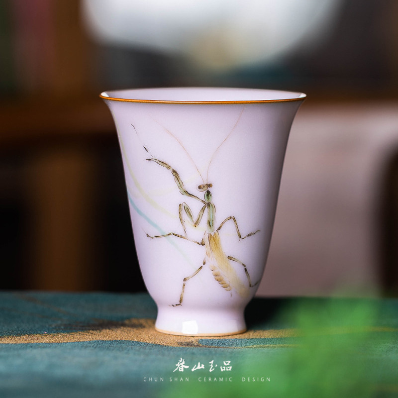 春山玉品 艺术家阿毛绘紫玉釉花卉飞虫闻香杯品茗杯景德镇陶瓷