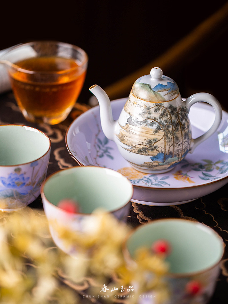 春山玉品 艺术家刘松手绘浅草釉秘黄釉山水壶茶泡器景德镇陶瓷