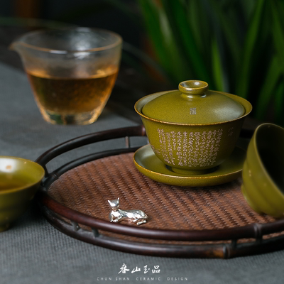 春山玉品纯手工茶叶末盖碗 景德镇陶瓷功夫茶具手绘银彩三才盖碗