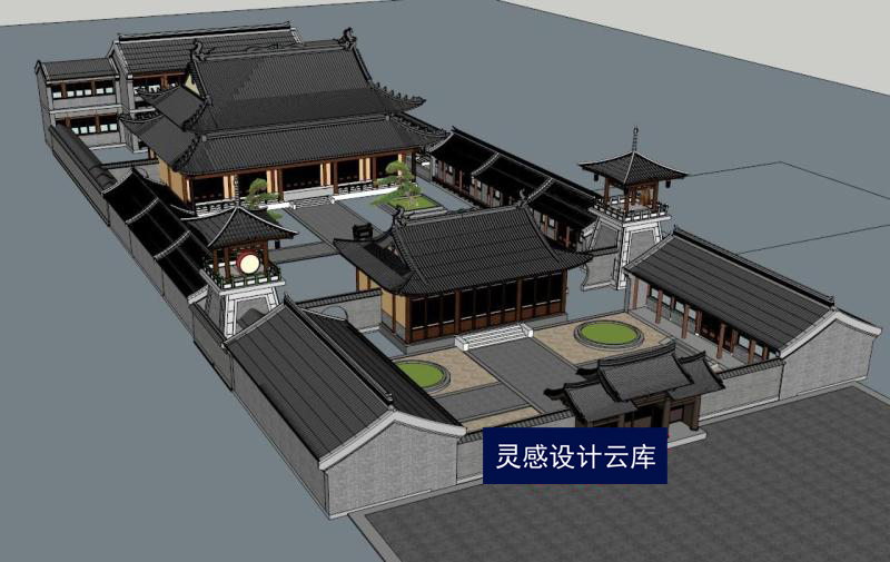 中式仿古建筑汉唐创意唐风大型寺庙宫殿大雄宝殿塔楼设计su模型