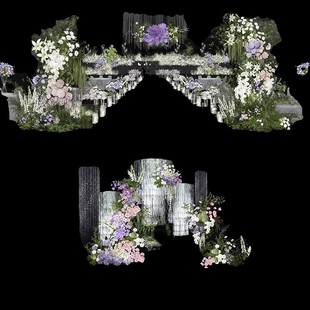 浪漫紫色白绿色花艺雨丝帘线帘布幔 婚礼花艺效果图psd素材