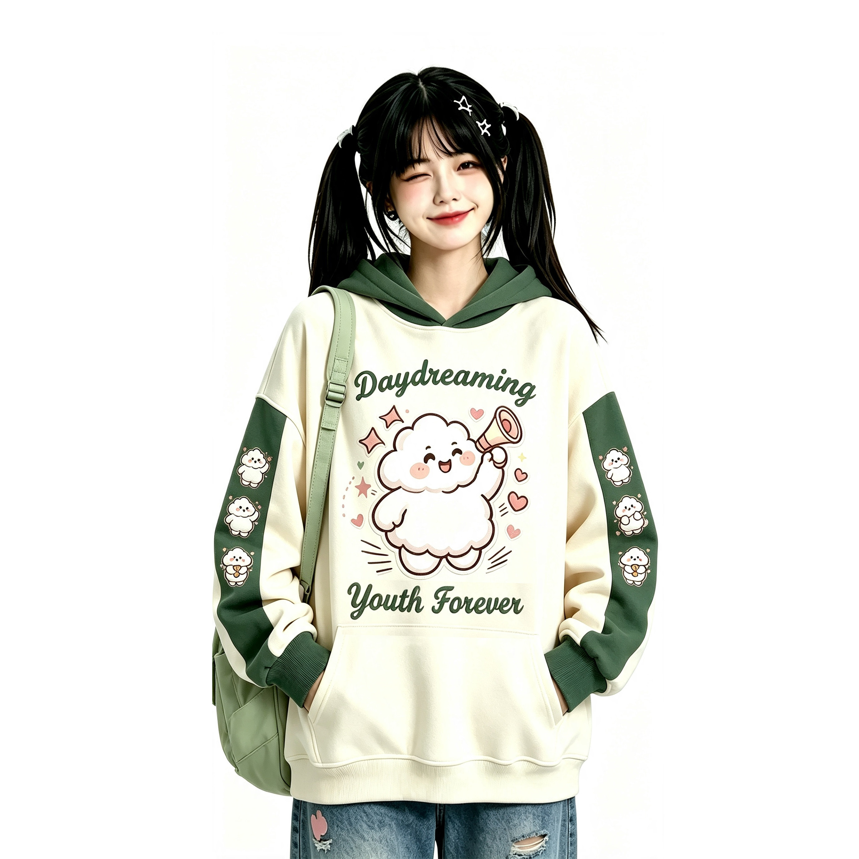 可爱卡通印花加绒连帽卫衣女